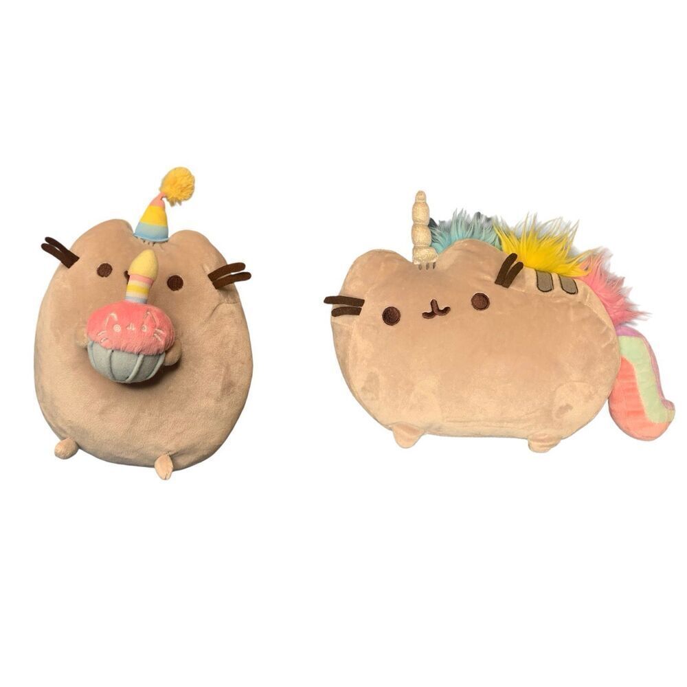 2 PUSHEEN GUND Plush Rainbow UNICORN & BIRTHDAY CAT stuffed animal LOT